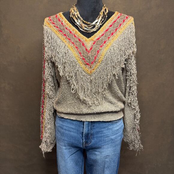 Vintage French Rags Hand Loomed Sweater Fringe Boho Western Style Rayon Size 2 - Picture 1 of 8